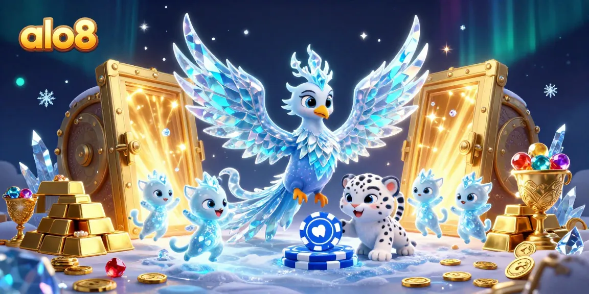 Bet on your fortune with alo8 as an ice phoenix and snow leopard cub play with poker chips amidst treasure.