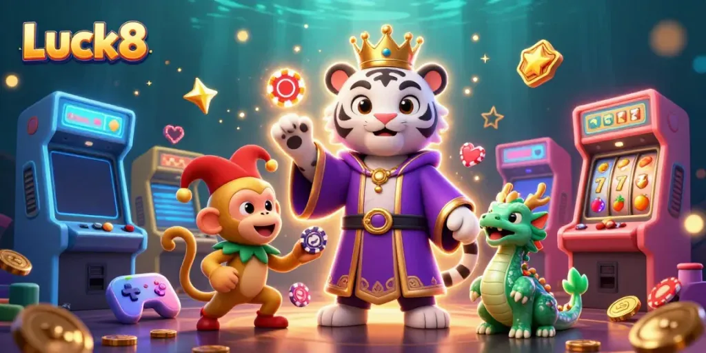 Experience the thrill of gambling with Luck8 in this vibrant casino-themed illustration.