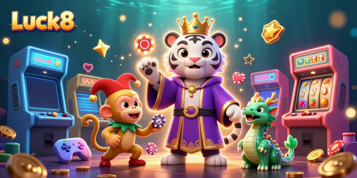Experience the thrill of gambling with Luck8 in this vibrant casino-themed illustration.