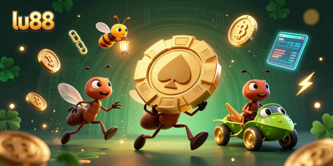 Witness lu88's winning heist with a team of ants and crypto elements in this vibrant 3D illustration.