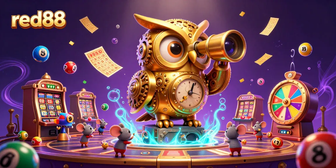 Experience the excitement of red88 with a colorful, dynamic casino scene featuring an owl and whimsical mice.