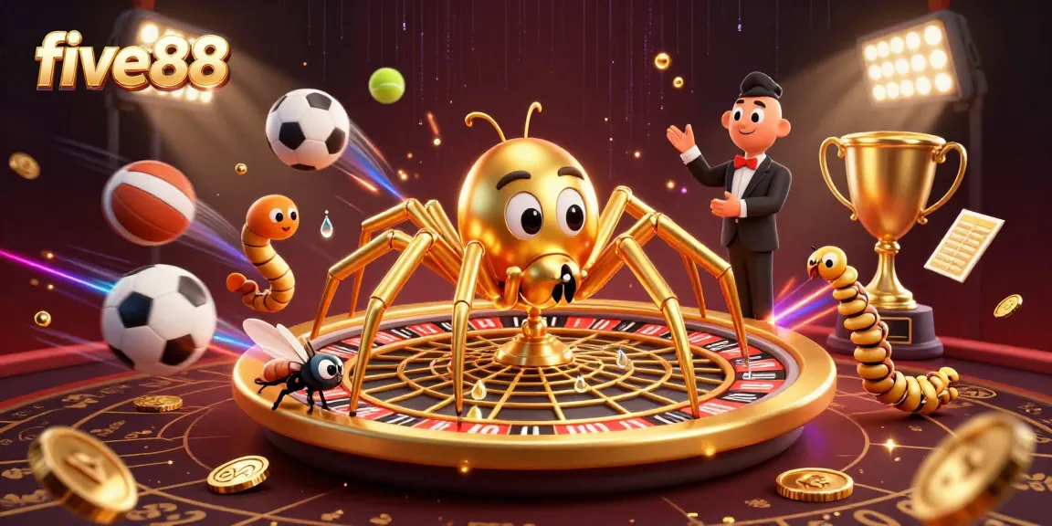 five88 features a golden spider at a roulette wheel surrounded by sports balls, showcasing dynamic betting action.