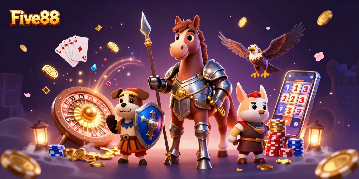 Experience thrilling gambling excitement at Five88 with vibrant gameplay elements, casino icons, and unique characters.