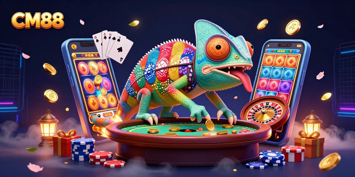 Experience thrilling gameplay at CM88 with a vibrant 3D scene of a chameleon casino owner.