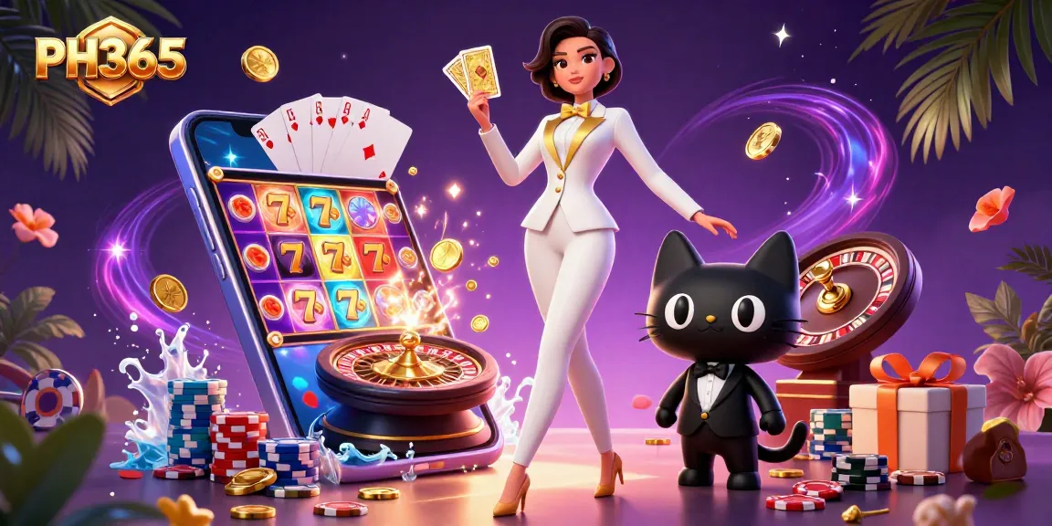 Engage in exciting action at PH365 with a glamorous themed casino scene featuring vibrant slot games and playful characters.