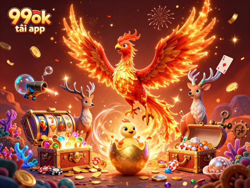 Win big with 99ok tải app featuring a vibrant casino scene, phoenix, and rich treasure elements.