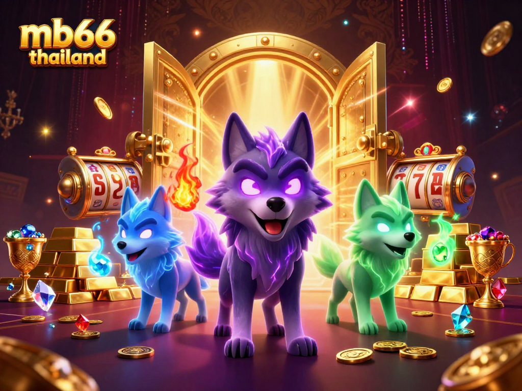 Experience thrilling games at mb66 thailand as glowing wolves guard treasures in a vibrant casino
