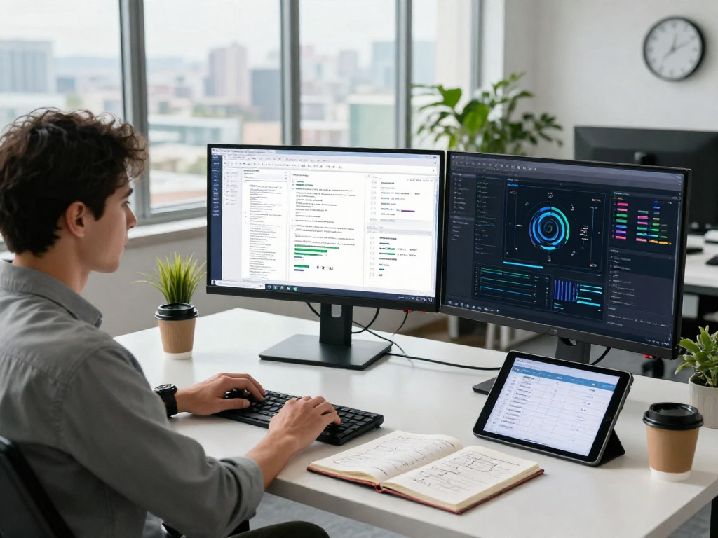Detailed scene of document fraud detection analysis with an analyst using AI tools and multiple screens in a modern workspace.
